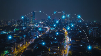 Obraz premium Smart digital city with connection cyber security network reciprocity over the cityscape . future smart wireless digital city and social media networking systems that connects people within the city