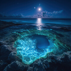 Tranquil Moonlit Ocean Scene with Luminous Waters and Rocky Shoreline, Captivating Night Sky Above with Soft Clouds and Glimmering Reflection on Calm Waves