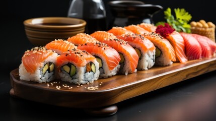 Delicious Salmon Sushi Platter with Avocado and Sesame Seeds