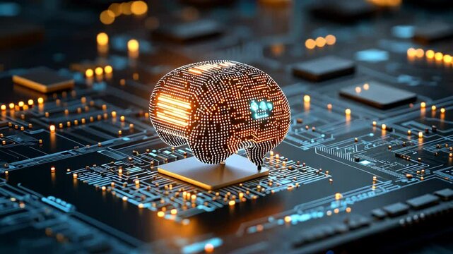 Digital representation of artificial intelligence showcased on a circuit board filled with glowing patterns and connections