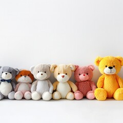 A row of plush toys is neatly lined up against a white background, showcasing a variety of soft, cuddly figures arranged in an orderly fashion.