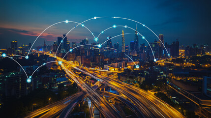 Naklejka premium Smart digital city with connection cyber security network reciprocity over the cityscape . future smart wireless digital city and social media networking systems that connects people within the city