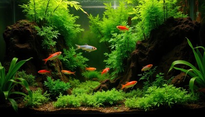 A vibrant neon tetra swims in an aquarium, surrounded by lush green plants and various other fish. The bright blue and red colors of the tetra contrast beautifully with the natural aquatic setting