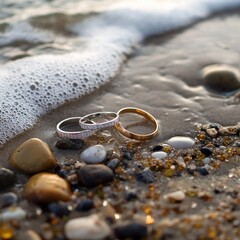 Wedding rings on sandy beach with ocean waves and pebbles