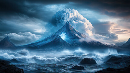 Majestic volcanic eruption with dramatic clouds and turbulent waves