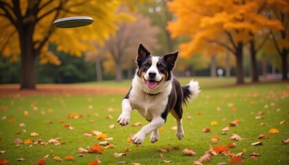 A Border Collie is captured mid-air, leaping to catch a frisbee in a park during autumn. The ground is covered with fallen leaves, and the background features trees with vibrant orange foliage