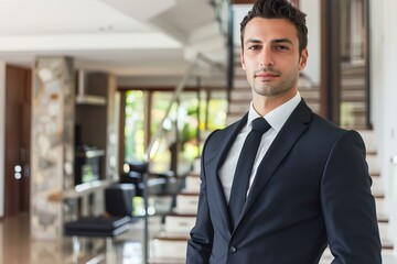Fototapeta premium Portrait of elegant real estate agent posing in modern luxury home