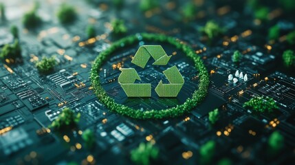 A vibrant illustration features a green recycling symbol on a circuit board backdrop with small plants, representing the blend of technology and nature for sustainability.
