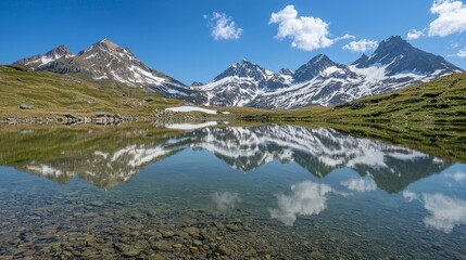 Fototapeta premium Crystal-clear alpine lake reflecting snow-capped mountains under a blue sky.