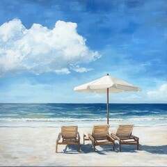 Obraz premium A serene beach scene featuring lounge chairs and a beach umbrella, set against a sandy shore.