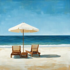A serene beach scene featuring lounge chairs and a beach umbrella, set against a sandy shore.