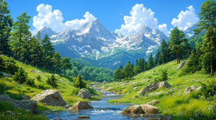 Fototapeta premium Serene mountain valley stream.