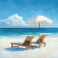 A serene beach scene featuring lounge chairs and a beach umbrella, set against a sandy shore.