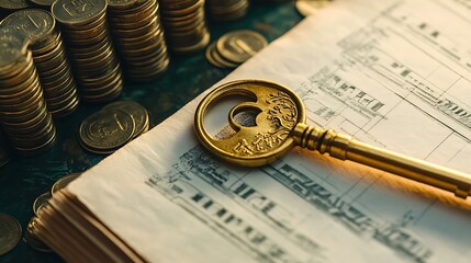 A vintage key rests on architectural blueprints, surrounded by coins, symbolizing wealth and secrets.