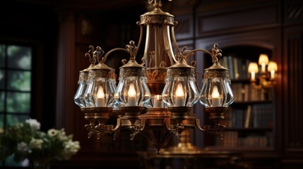 Elegant Antique Brass Chandelier with Glass Shades Illuminating a Luxurious Library Setting