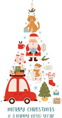 Festive holiday illustration featuring Christmas tree, Santa, and winter symbols in a vibrant, colorful design