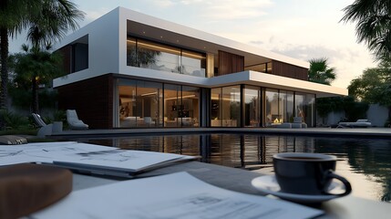 Fototapeta premium Modern villa by a pool during sunset, showcasing architecture and leisure.