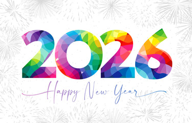 Happy New Year 2026 cute greeting card with stained-glass style bright number 2 0 2 6, beautiful cursive and white backdrop. Social media greetings. Network timeline stories. Postcard design.