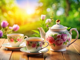 Fototapeta premium Elegant teacups and teapots create a beautiful setting for a vintage tea party or tranquil tea ceremony.