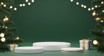 Christmas backgrounds with podium stage platform in minimal New year event theme. Merry Christmas scene for product display mock up banner. Empty stand pedestal decor in Xmas winter scene. 3D render.