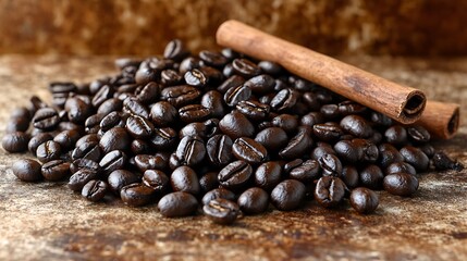 Fototapeta premium Freshly roasted coffee beans with cinnamon sticks on a rustic surface, solid amber backdrop