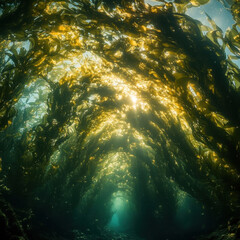 A Serene Underwater Scene Showcasing Vibrant Kelp Forests Illuminated by Sunlight Filtering Through the Ocean Surface