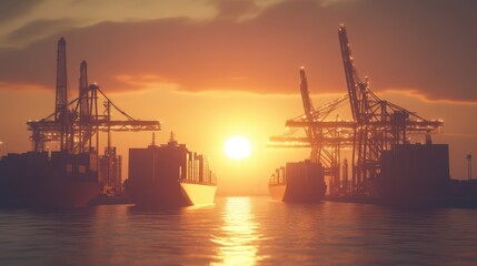 Obraz premium Sunrise Over Shipping Port with Cranes and Vessels, Capturing Reflections in Water, Symbolizing Trade, Industry and Global Commerce