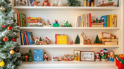 Christmas decorations, books, and toys arranged on white shelves.