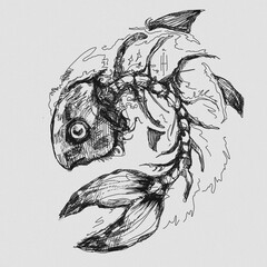 Monochrome seamless pattern featuring fish bones in a gothic style. Hand-drawn artistic design, ideal for alternative aesthetics, fabric prints, or digital use.