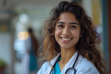 Cheerful young female doctor wearing a lab coat and stethoscope, posing warmly in a healthcare environment, promoting positivity in medical care.