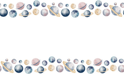 Watercolor template for card with seamless Border. Illustration of Planets for baby invitations in pastel blue and pink colors. Cute Space Frame for childish design. Cosmos Pattern with universe.