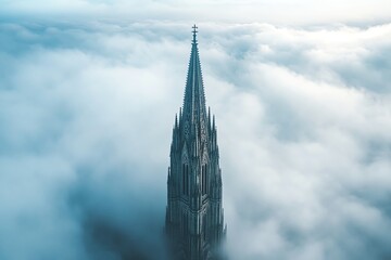 Majestic church spire piercing through dense clouds, symbolizing tranquility and architectural elegance.