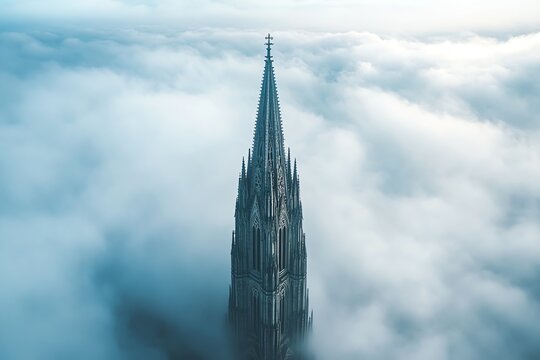 Majestic church spire piercing through dense clouds, symbolizing tranquility and architectural elegance.