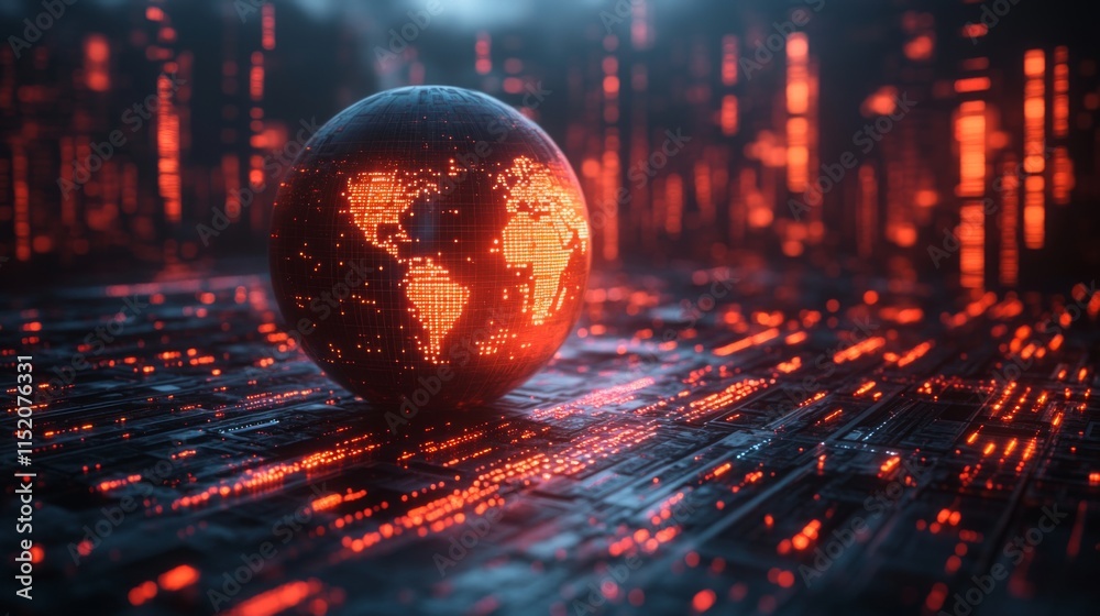 Poster A spherical representation of the world with illuminated continents is surrounded by vibrant, glowing data patterns. The technology-inspired environment suggests a digital landscape.