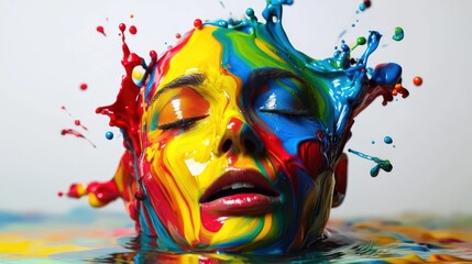A vibrant splash of color surrounds a serene face, blending art and emotion in a surreal scene.