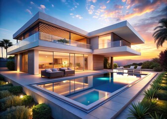 Fototapeta premium Luxurious minimalist villa: AI-generated photography showcases modern architectural marvel.