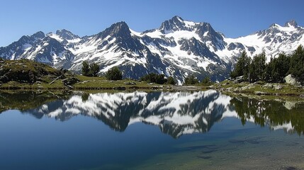 Serene mountain lake reflecting snow-capped peaks under a clear blue sky.