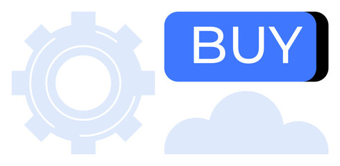 Gear symbol, blue Buy button, cloud icon emphasizing e-commerce, and cloud computing. Ideal for technology, e-commerce, cloud services, automation, digital marketplaces, online shopping, and business