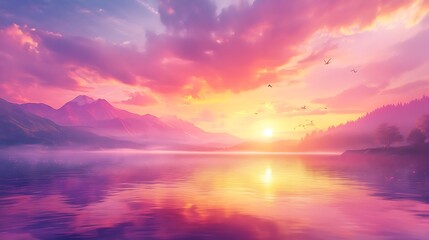 A serene sunset over a tranquil lake, reflecting vibrant colors and distant mountains.