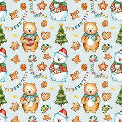 Fototapeta premium Woodland animals pattern featuring watercolor bears and festive decorations for crafting