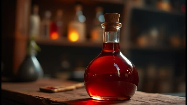 Red health potion on a table in a potion shop - Game concept