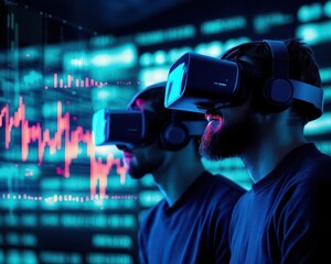 Traders immersed in a VR environment filled with glowing financial charts, future of trading