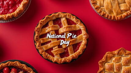 National Pie Day, January 23 National Pie Day, Flatlay of different pies with the words National Pie Day, holidays, desserts