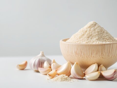 A wooden bowl filled with garlic powder alongside fresh garlic cloves, highlighting the essence of garlic in cooking.