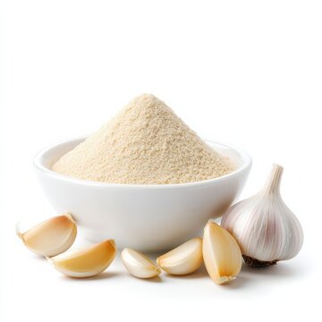 Garlic powder in a white bowl with fresh garlic bulbs and cloves, isolated on white background, perfect for culinary and health applications.