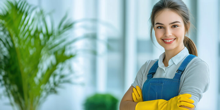 Close-up of professional cleaning lady of European appearance wearing yellow rubber gloves and blue overalls in a clean modern office. Cleaning. - Powered by Adobe