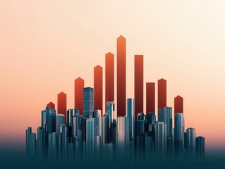 Fototapeta premium Dramatic cityscape with giant 3D stock graphs floating above, global trading trends