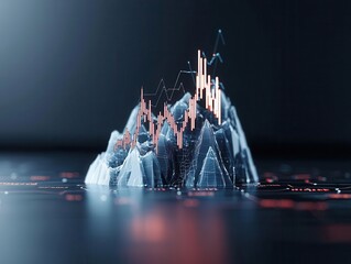 Surreal financial iceberg where market graphs emerge from water, hidden market dynamics