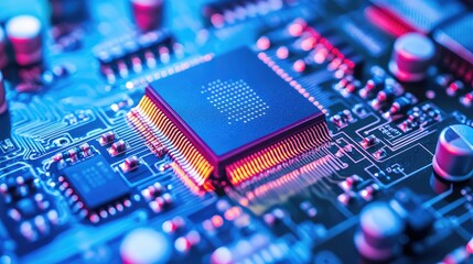 Fototapeta premium A cleanroom scene of engineers examining a microchip processor, emphasizing the precision of semiconductor manufacturing