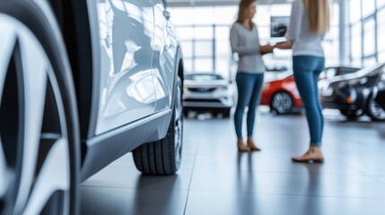 Spacious vehicle trade-in center. Featuring a customer examining their trade-in vehicle with a knowledgeable staff member